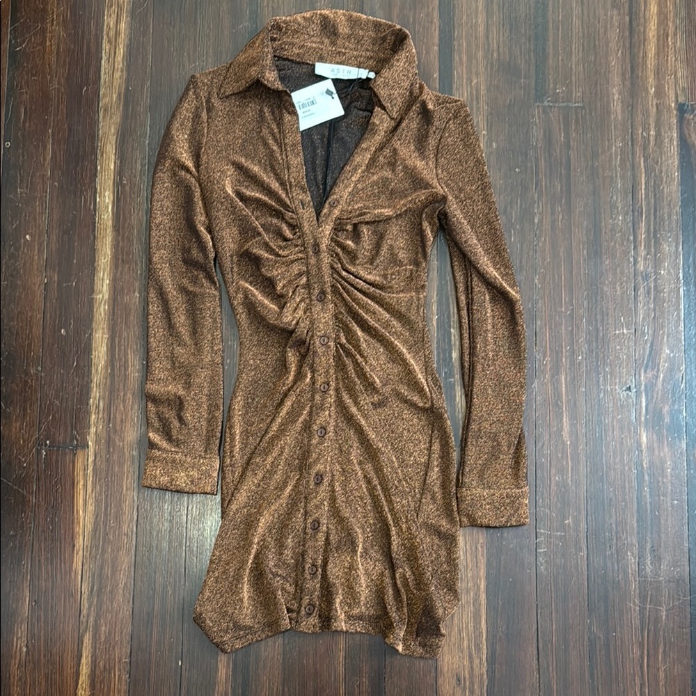 Astr Shimmering Brown Long Sleeve Dress